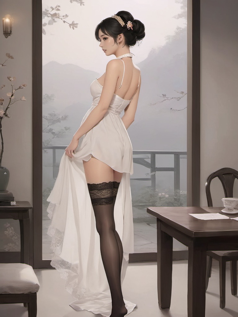 gufengsw001, 1girl, solo, black hair, bare shoulders, standing, full body, hairband, choker, looking back, hair bun, from behind, white dress, white thighhighs, no shoes, table, single hair bun, lace-trimmed legwearegwear，<lora:gufengsw001-000008:0.8>,