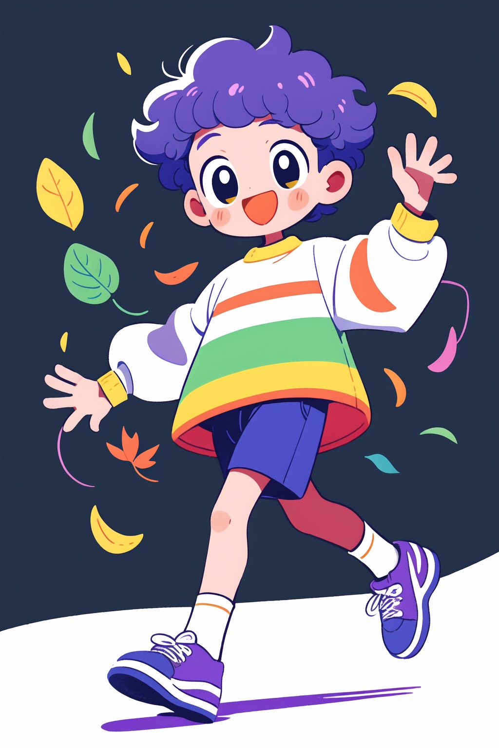 <lora:pencil style-7:0.8>,guchen,pencil style,a boy,smile,kite,open mouth,simple background,long sword,shoes,white background,raise hand,socks,walk,black eyes,full body,long sleeves,purple hair,trainers,white shoes and socks,white socks,jumper,colourful,yellow coloured eyes,big leaves,