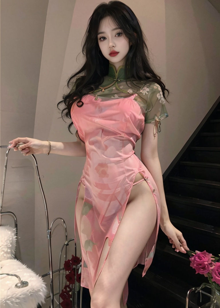 (masterpiece, best quality:1.4),finely detailed,1girl,solo,pale skin,perfect body,(gigantic breasts:1.3),standing,<lora:性感粉色中式开叉旗袍-000008:0.8>,china dress,chinese clothes,dress,pink dress,see-through,underwear,