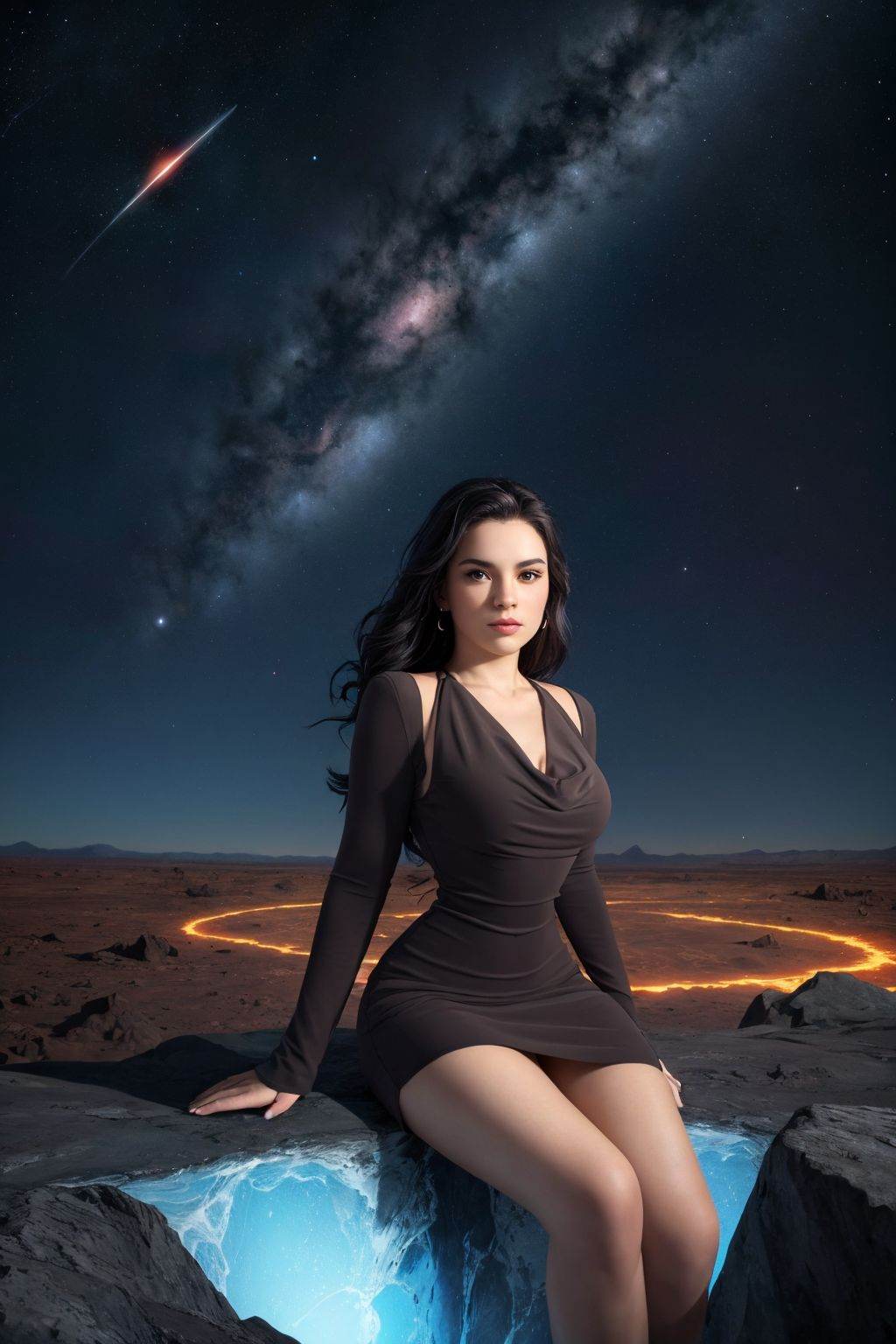 Draw a young programmer,  sitting on a research platform floating in the middle of an asteroid belt. she is studying with...