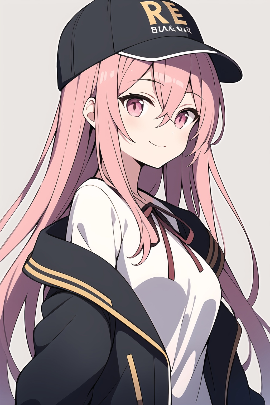 Best-A,ru_zhai-A,illustration,simple background,upper body,1girl,solo,pink eyes,long hair,bangs,hair between eyes,medium breasts,looking at viewer,looking to the side,closed mouth,smile,very long hair,pink hair,black headwear,(neck ribbon:1.1),open clothes,t-shirt,(white shirt:1.1),hat,cabbie hat,baseball_cap,off shoulder jacket,open jacket,jacket,(black jacket:1.1),<lora:Rabbit_B:0.3>,