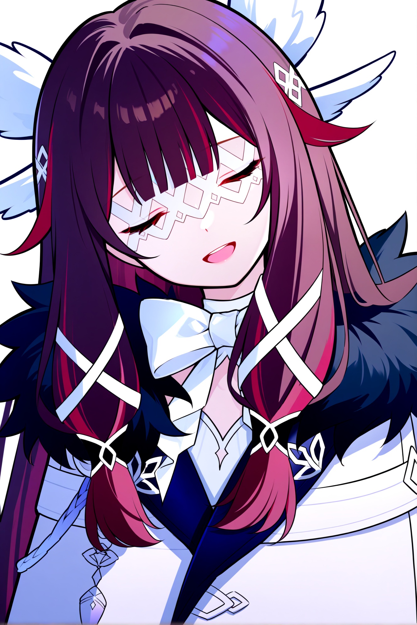 Columbina\(genshin impact\),1girl,solo,multicolored hair,eye mask,fur trim,facing viewer,white bow,long hair,coat,open mouth,red hair,white background,bow,smile,two-tone hair,x hair ornament,white bowtie,fur-trimmed coat,upper body,simple background,white coat,hair ornament,brown hair,streaked hair,closed eyes,teeth,upper teeth only,white mask,head tilt,sidelocks,