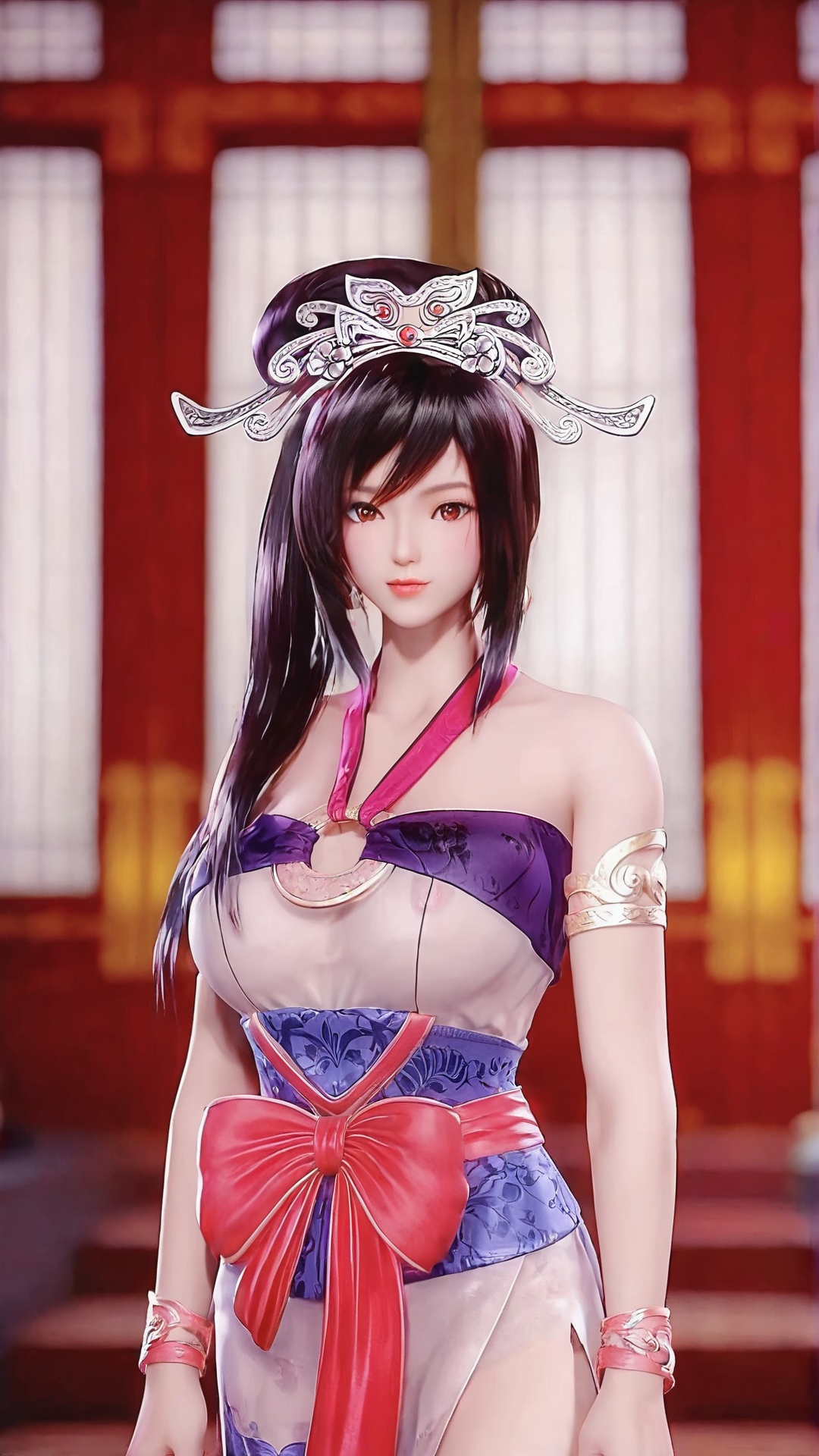 The image shows a young woman dressed in traditional Chinese clothing. She is standing in a room with red walls and gold accents. The woman is wearing a purple and blue dress with a large red bow on the waist. She has long black hair styled in loose waves and is holding a sword in her right hand. On her head,there is a large silver headpiece with intricate designs and patterns. The overall style of the outfit is elegant and regal.,<lora:pony红莲:0.8>,