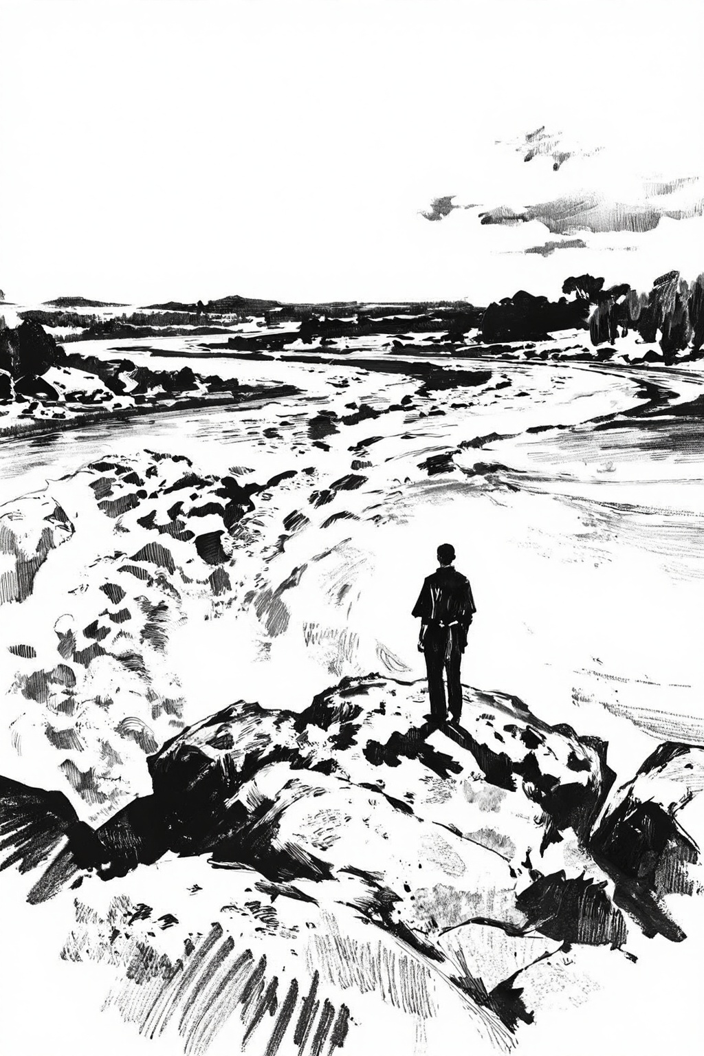 hand_sketch,black and white,art_nlhx,孤独背影站在岩石上,近处黄河水滔滔不绝,渺小与宏伟