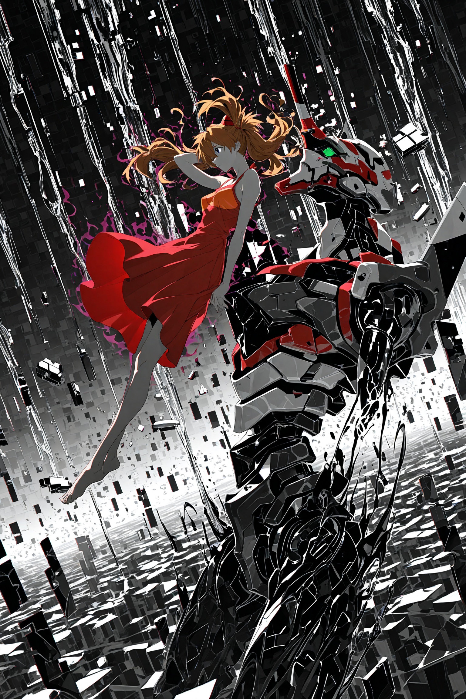 HDR,8K,high contrast,masterpiece,best quality,amazing quality,very aesthetic,superabsurd res,high resolution,ultra-detailed,absurdres,newest,scenery,light rays,chiaroscuro,dynamic angle,score_9,score_8_up,score_7_up,atic aberration,anaglyph,unstable coloring,partially colored,surrounded by floating data streams,fragmented code,dark aura,(ushiki yoshitaka style:0.5),dynamic,from side,foreshortening,souryuu asuka langley in red sundress,((eva 02 in view)),hair flip,wind,twintails,