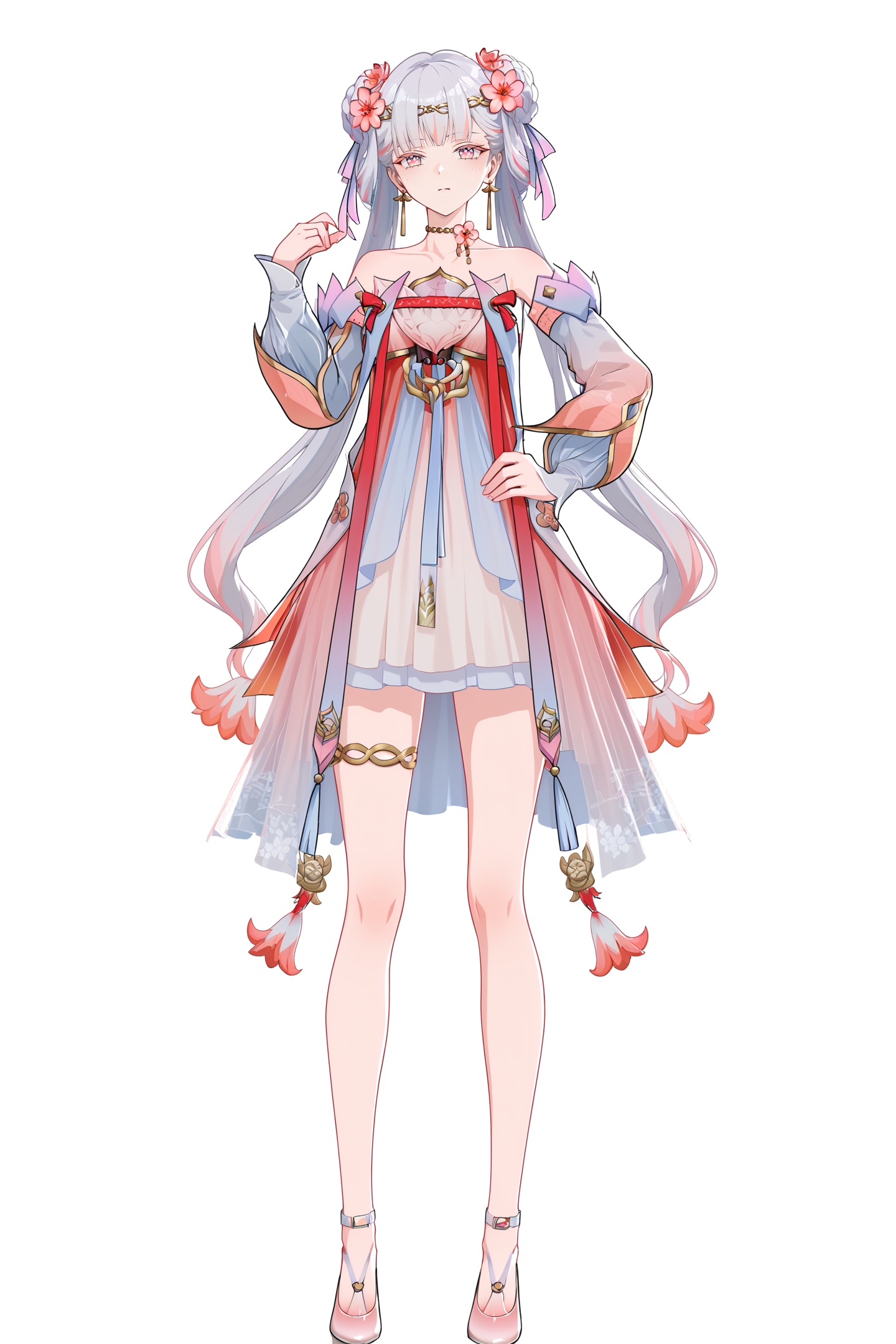 score_9,score_8_up,score_7_up,score_anime,8k,best quality,masterpiece,(ultra-detailed),(high detailed skin),(by nanoless, by misumi \(macaroni\),:0.5),<lora:YLI 0.1v:0.25>,<lora:style1:0.25>,A full-body portrait of a young girl,standing gracefully,pastel art style,high-key lighting,shoujo manga influence,hd quality,delicate details,full body,full shot,standing,looking at viewer,(solo:1.2),simple background,white background,hand on own hip,<lora:jxnew-pony-Tanger:0.8>,jinhsi,jinhsi \(peach blossom\) \(wuthering waves\),(clothes:peach blossom pink dress,alternate costume,bare shoulders:1.2),flower-shaped pupils,1girl,hair ornament,hair flower,twintails,bangs,jewelry,very long hair,