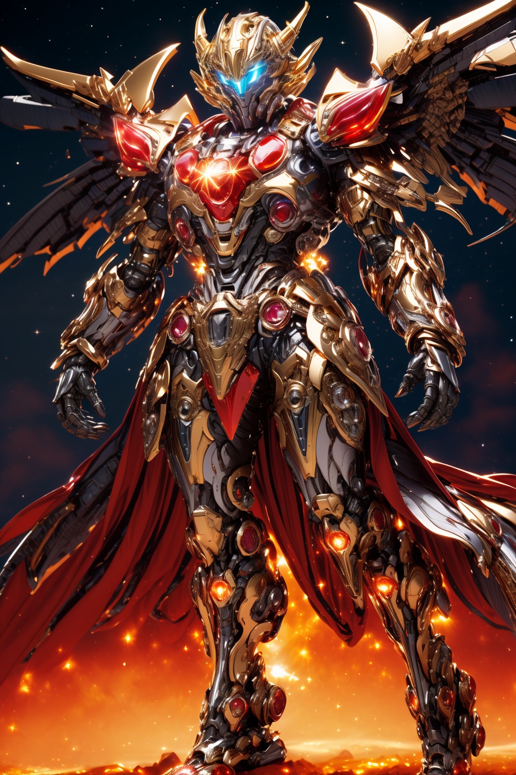 hjyzbrobot,big robo wings,mecha,(Raise legs high:1.2),robot sleek and smooth helmet,gold,glowing gold armor,masterpiece,best quality,(highly detailed),1girl,long hair,white hair,cyborg,(full body:1.2),day light,bright light,wide angle,shining sparks,(((ruby))),walking,sun set,(((star background ))),<lora:hjyzbrobot-000007:0.8>,<lora:hjyrobo5-000010:0.5>,((glowing ruby)),wide angle,border space,space copy,
