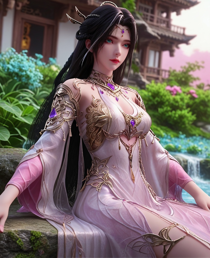 (oriental architecture, elegant decor, sophisticated style:1.1),sitting, spread legs,(breasts:1.2),<lora:XL16完美世界魔女真身:0.95>,miss monv,solo,white dress,aqua eyes,black hair,hair with white highlights,long hair,hair ornament,metal collar,gem,jewelry,gambeson,pink cuffs,see-through underskirt,, zPDXL2, score_9, score_8_up, score_7_up BREAK realistic, masterpiece,best quality, highly detailed,