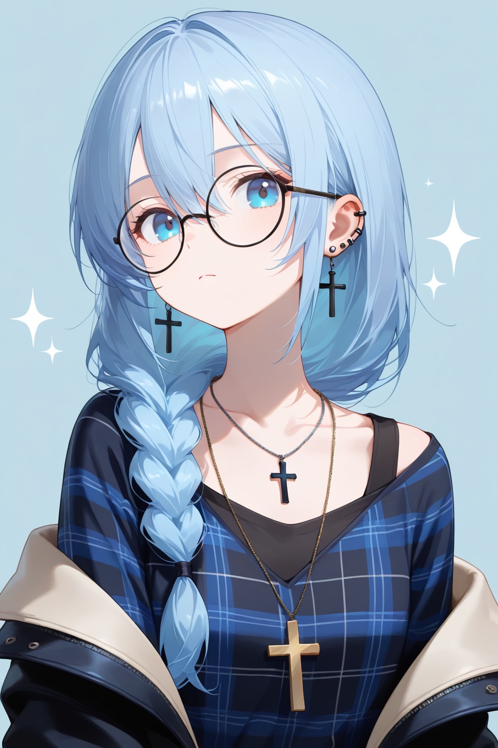shirt, cross, solo, braid, jewelry, necklace, plaid shirt, cross necklace, blue background, 1girl, black shirt, long hair, glasses, ear piercing, piercing, jacket, plaid, upper body, closed mouth, looking at viewer, simple background, sparkle, expressionless, jacket partially removed, blue eyes, single braid, blue hair, earrings, black jacket, hair between eyes, off shoulder, collarbone, round eyewear, light blue background, long sleeves, black-framed eyewear, open clothes, latin cross, frown
