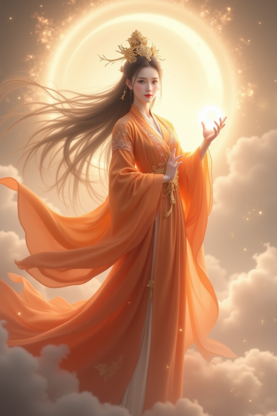 A goddess of Chinese mythology,1girl with long flowing hair，wearing an ancient Chinese crown, with a clear face,Face the audience，Orange-red costumes， flowing sleeves, Holding a glowing ball in his hand，standing in the clouds and mist,Behind the head is a huge transparent aura， The light behind him is shining， It is very spectacular. It is created using digital painting technology to show It captures the exquisite details and realistic colors in the style of ancient Chinese artists. <lora:xian2:1.2>