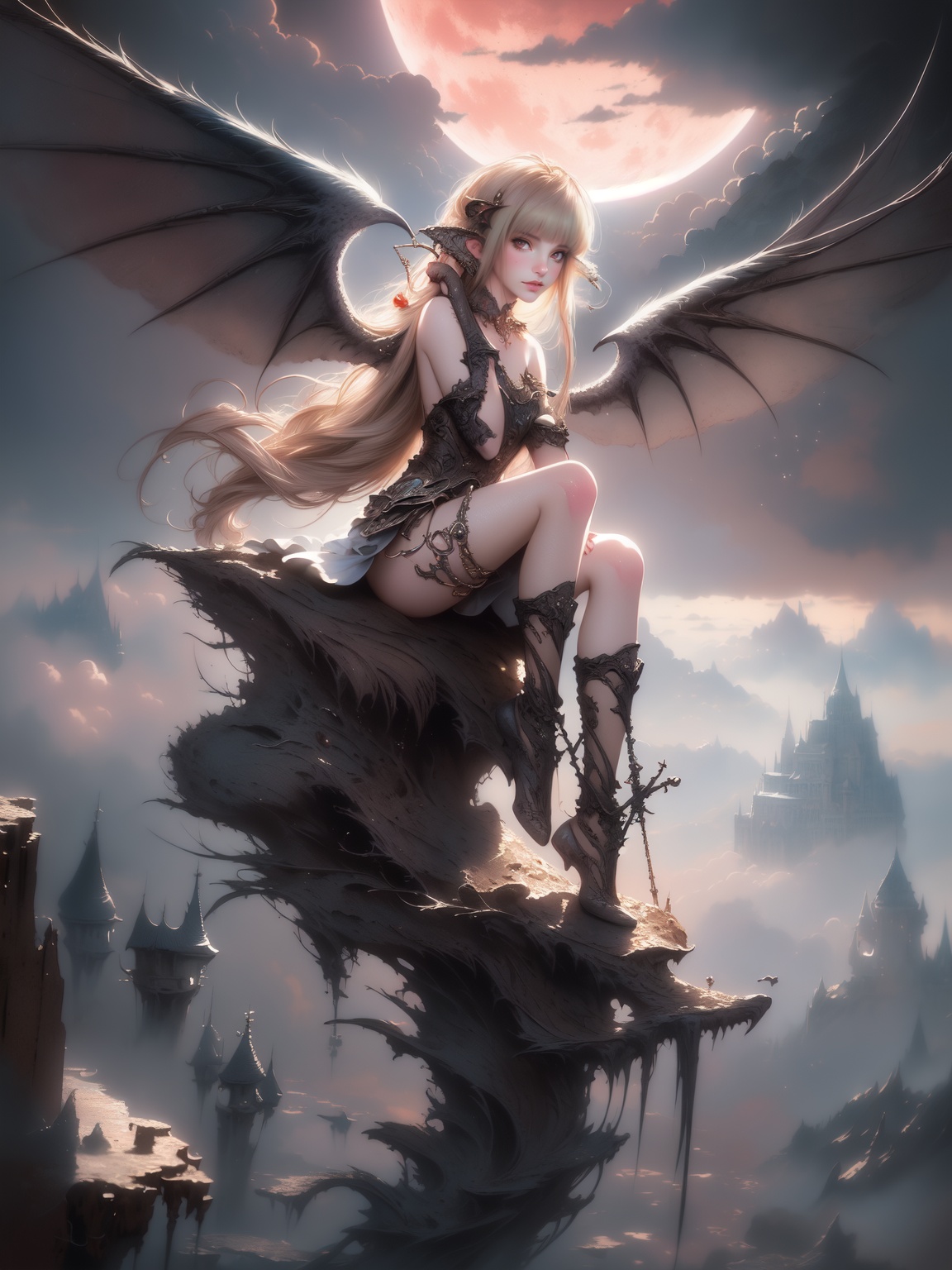 ((best quality)),((masterpiece)),(detailed),alluring succubus,ethereal beauty,perched on a cloud,(fantasy illustration),enchanting gaze,captivating pose,delicate wings,otherworldly charm,mystical sky,(Luis Royo:1.2),(Yoshitaka Amano:1.1),moonlit night,soft colors,(detailed cloudscape:1.3),(high-resolution:1.2),