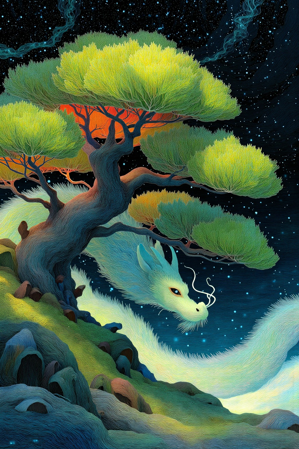 beijihui,an ancient pine tree wrapped by a shimmering green dragon, luminous night sky, textured line art, spiritual and majestic zen world 