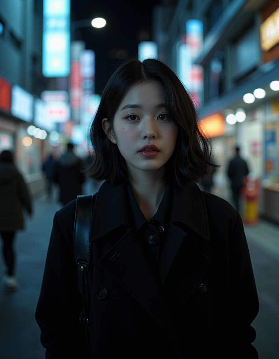 (photorealistic:1.28),A cinematic photography style image with a 2:3 ratio. An Asian woman,in her twenties,is donned in a black windcoat on a bustling metropolitan street at night. The atmosphere is perilous and taut. High-contrast shadows bestow a mysterious allure. Her expression is fraught with nervousness,and her short black hair is somewhat tousled. Her pale lips tremble slightly. The street lights cast elongated,ghostly shadows. The details are ultra-high,and the resolution is razor-sharp. The composition is a tunnel,highlighting the profound depth and narrow confinement of the street,collarbone,smile,