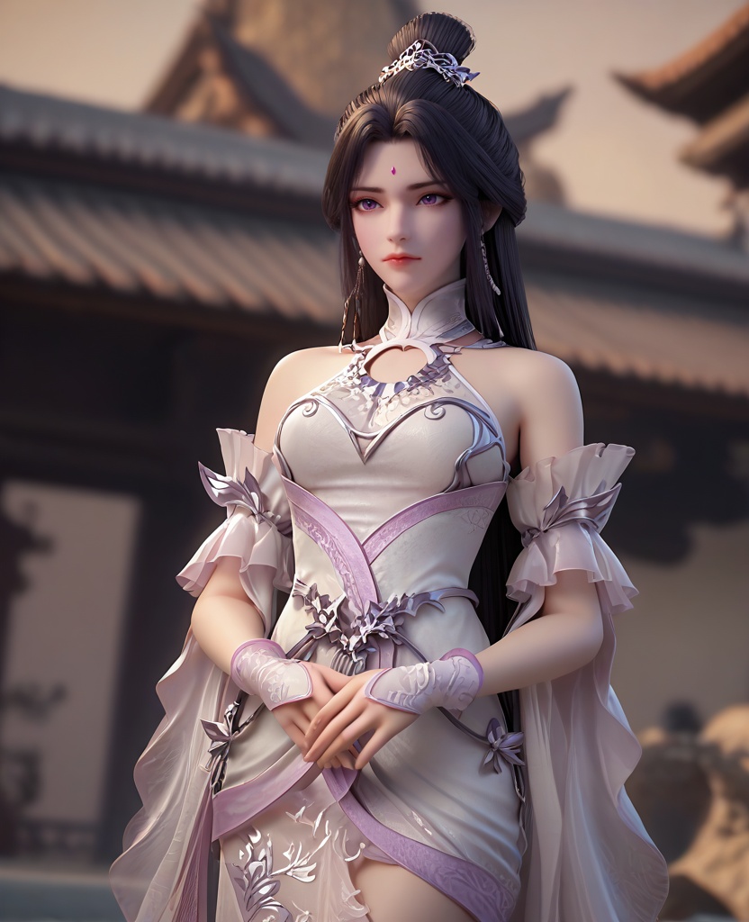 (oriental architecture, elegant decor, sophisticated style:1.1),Standing, arms crossed,,(breasts:1.2),<lora:XL16完美世界月婵:0.95>,miss yuechan,solo,pinkish white corset,sash,pinkish white sheer fabric skirt,purple eyes,forehead jewel,traditional chinese updo,black hair,very long hair,hair ornament,bare shoulders,detached sleeves,wristband,, zPDXL2, score_9, score_8_up, score_7_up BREAK realistic, masterpiece,best quality, highly detailed,, zPDXL3, zPDXL2,zPDXL, zPDXLxxx, zPDXLrl,