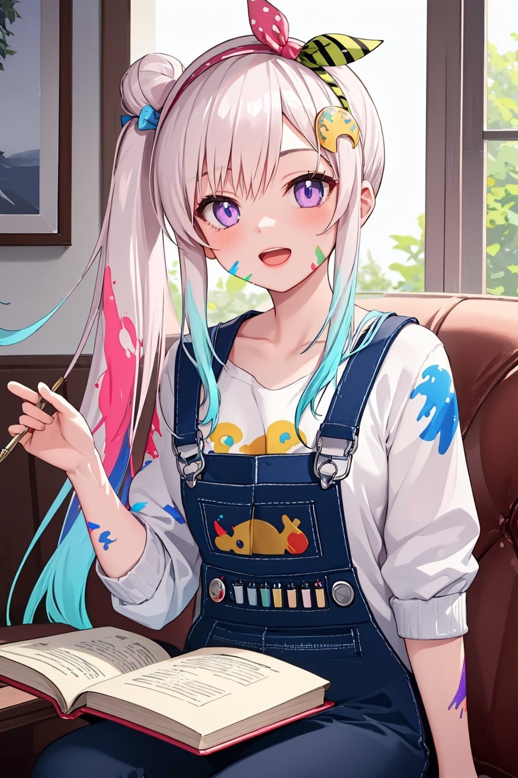 masterpiece,best quality, highly detailed, airani iofifteen,1girl, virtual youtuber, solo, overalls, looking at viewer, book, side ponytail, open mouth, window, hairband, paint splatter on face,<lora:airani_iofifteen:1>