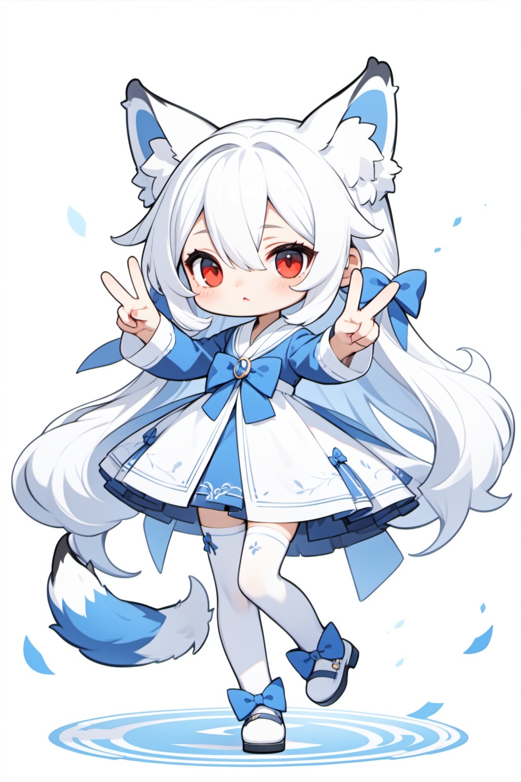 1girl,chibi,blue bow,animal ears,red eyes,long hair,very long hair,long sleeves,double v,solo,bow,hair between eyes,fox tail,bangs,dress,white legwear,white hair,full body,, (masterpiece,best quality:1.2)