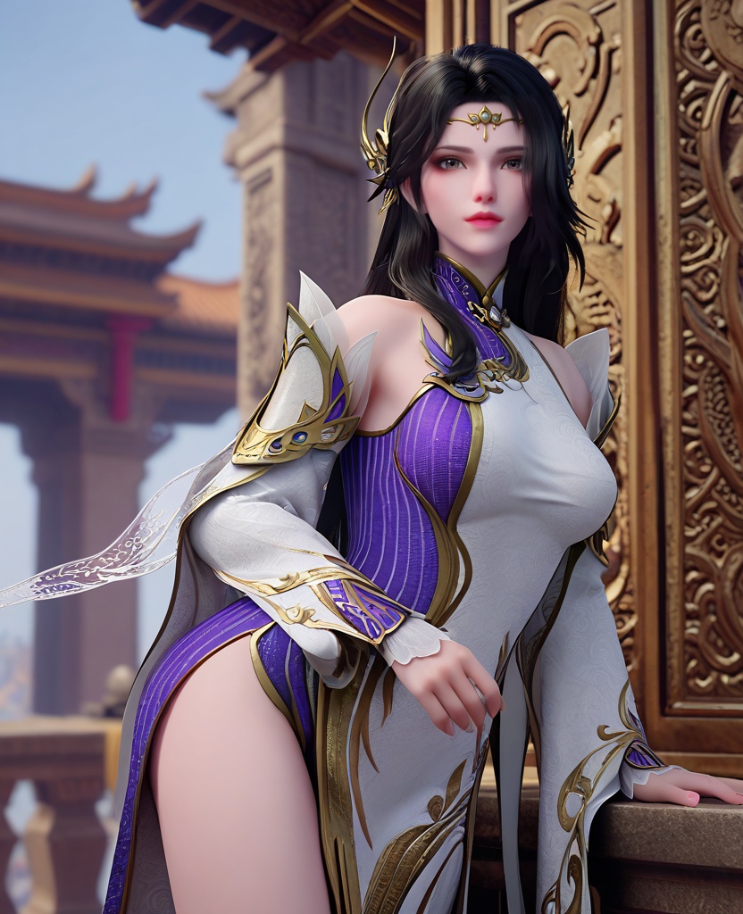 (oriental architecture, elegant decor, sophisticated style:1.1),(Leaning against a brick wall, one leg slightly bent, looking relaxed,:1.1),looking at viewer,(breasts:1.2),<lora:XL斗破苍穹玄衣:0.95>,miss xuanyi,white paired with purple dress,buff eyes,hair ornament,black hair,long hair,detached sleeves,shawl‌‌,, score_9,score_8_up,score_7_up,score_6_up,score_5_up,score_4_up,3d rendering,tag1,tag2, Cinematic Lighting,backlighting,