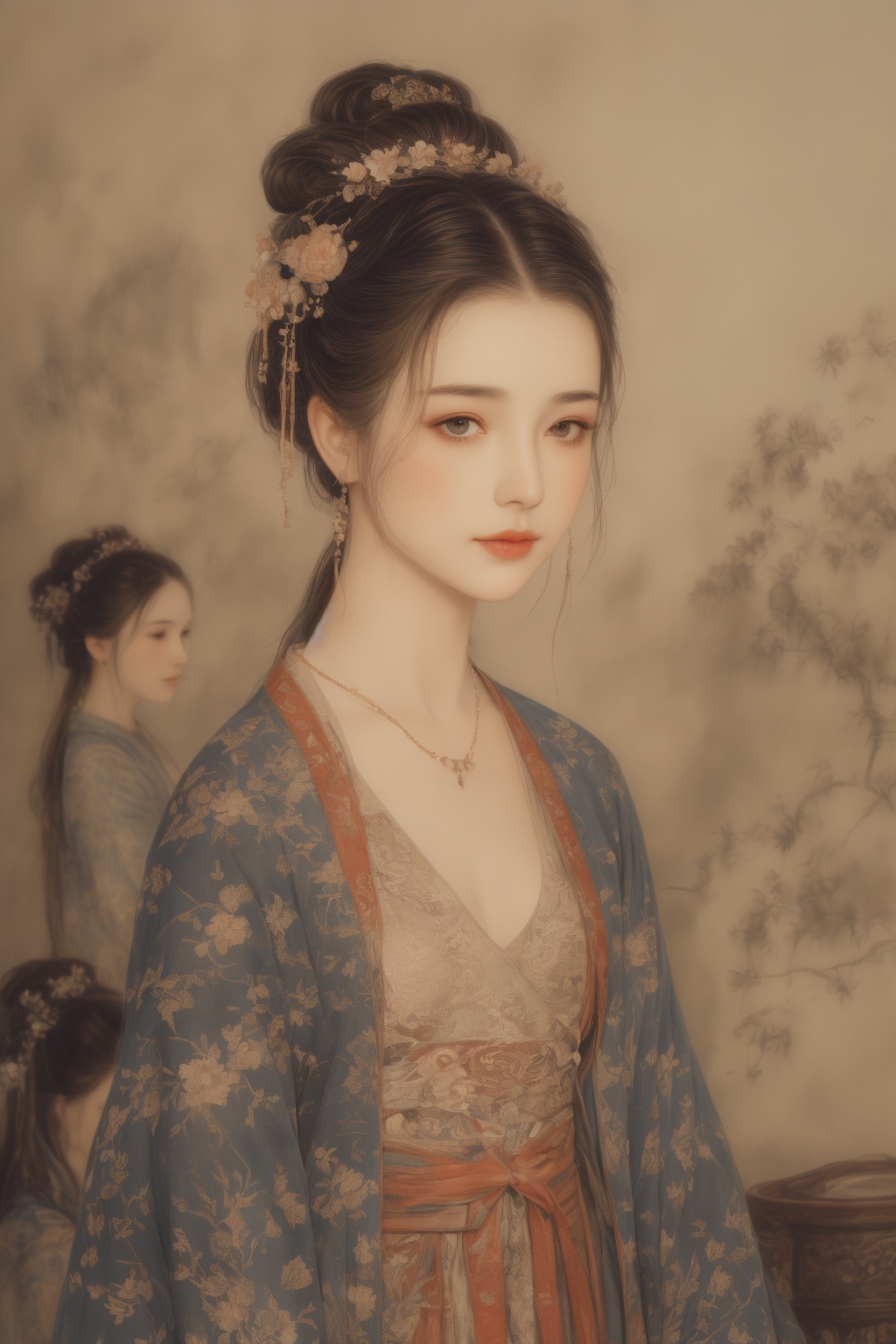 <lora:guohuagirl2-000009:0.7>,HDR,UHD,8K,Highly detailed,best quality,masterpiece,hair ornament, hanfu, flower, chinese clothes, jewelry, necklace, red lips, black hair, hair flower, solo focus, multiple girls, blurry, long hair, 3girls, ribbon, looking away, makeup, earrings, sash, white flower, depth of field, looking down, long sleeves, lips, closed mouth, hair bun, hair stick, wide sleeves, robe, upper body, mirror, brown eyes, hair ribbon, beads