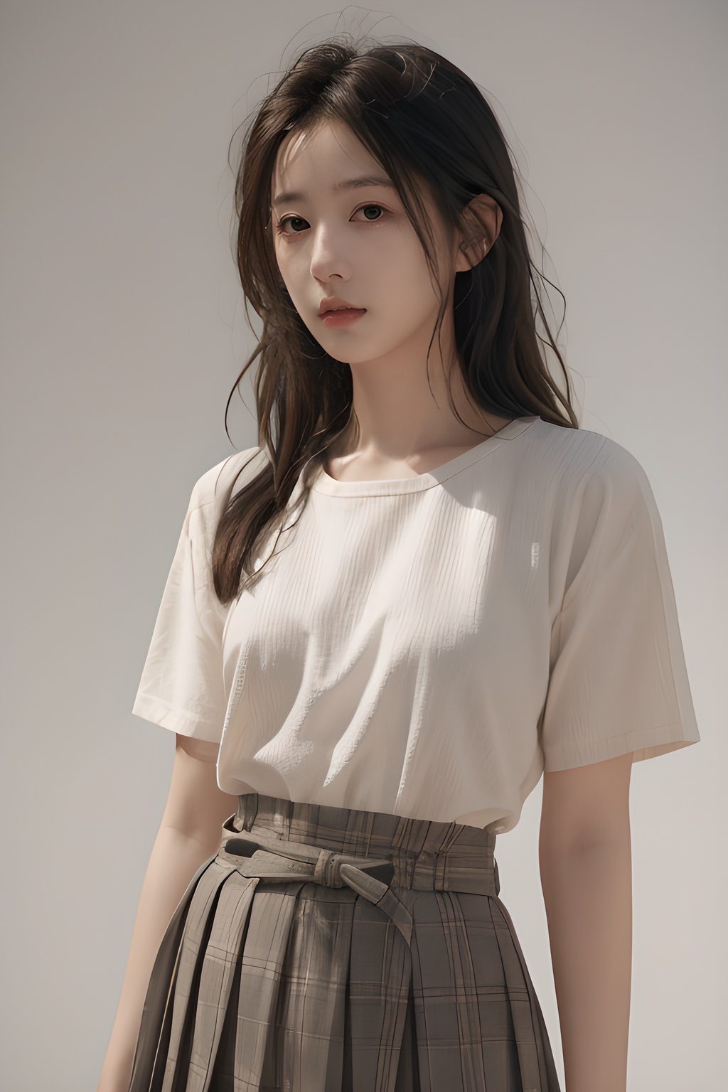 <lora:0806_07:0.7>,simple background,pleated_skirt,, 1girl,realistic,masterpiece, best quality, photorealistic, HDR,detail