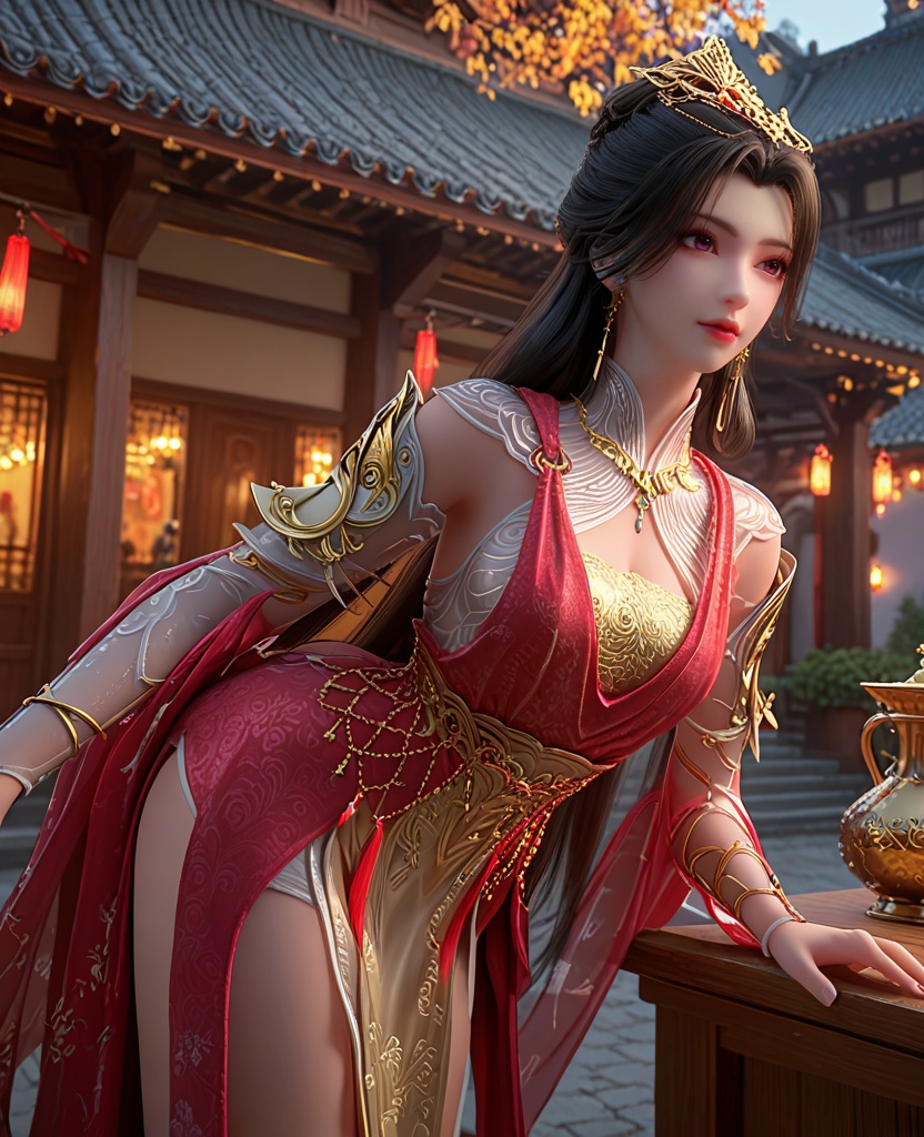 (oriental architecture, elegant decor, sophisticated style:1.1),(bent over:1.1),(breasts:1.2),<lora:XL长生界赵琳儿:0.95>,miss zhaoliner,red dress,golden bra,see-through sleeves,sash,see-through collar,chain ornament,shawl,pelvic curtain,purple eyes,black hair,earrings,hair ornament,long hair,jewelry,, score_9,score_8_up,score_7_up,score_6_up,score_5_up,score_4_up,3d rendering,tag1,tag2, Cinematic Lighting,backlighting,