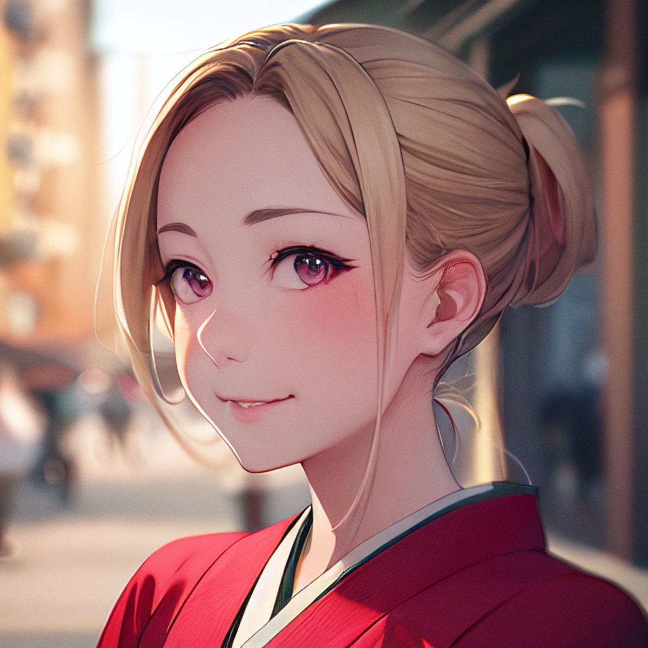 Cute, japanese, asian, kawaii, 8k, 18, kimono, girl, frontal shot, ultra detailed, ultra realistic, 85mm lens, f/ 1. 8, accent lighting, portrait, face, extreme close up, public street, day, skinny, hair ponytail, pastel, blonde, goddess --ar 9:16 --s 1000 --v 5