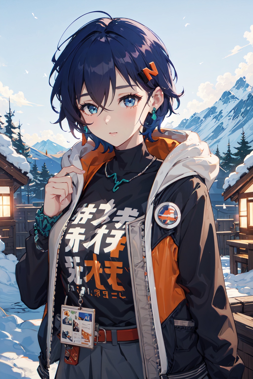<lora:Belle-000018:0.8>,Belle CYQL,1girl,looking at viewer,solo,blue hair,short hair,hair between eyes,blue eyes,jewelry,hair ornament,hairclip,earrings,Faux shearling aviator jacket in a cozy cream shade,teasing_smile,upper_body,At the foot of a snow-covered mountain, a cozy wooden cabin stands serenely, smoke gently curling upwards, contrasting starkly with the distant,beautiful detailed sky,beautiful detailed glow,posing in front of a colorful and dynamic background,masterpiece,best quality,beautiful and aesthetic,contrapposto,female focus,wallpaper,