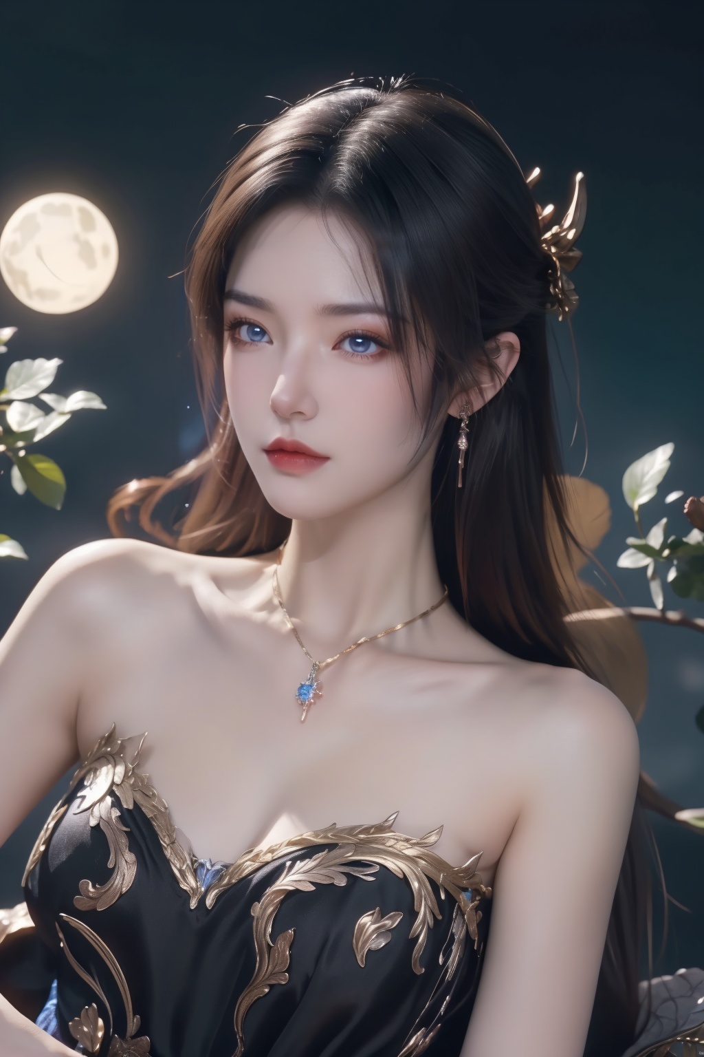 1girl, aurora, bamboo, bangs, bare shoulders, blue eyes, branch, breasts, city lights, cleavage, cloud, constellation, crescent moon, dress, fireflies, flower, full moon, gem, hair flower, hair ornament, jewelry, large breasts, leaf, light particles, lips, long hair, looking at viewer, milky way, moon, moonlight, night, night sky, outdoors, palm tree, pink lips, plant, shooting star, sky, solo, space, star \(sky\), starry sky, tanabata, tanzaku, tree, very long hair  <lora:彩儿:0.66>