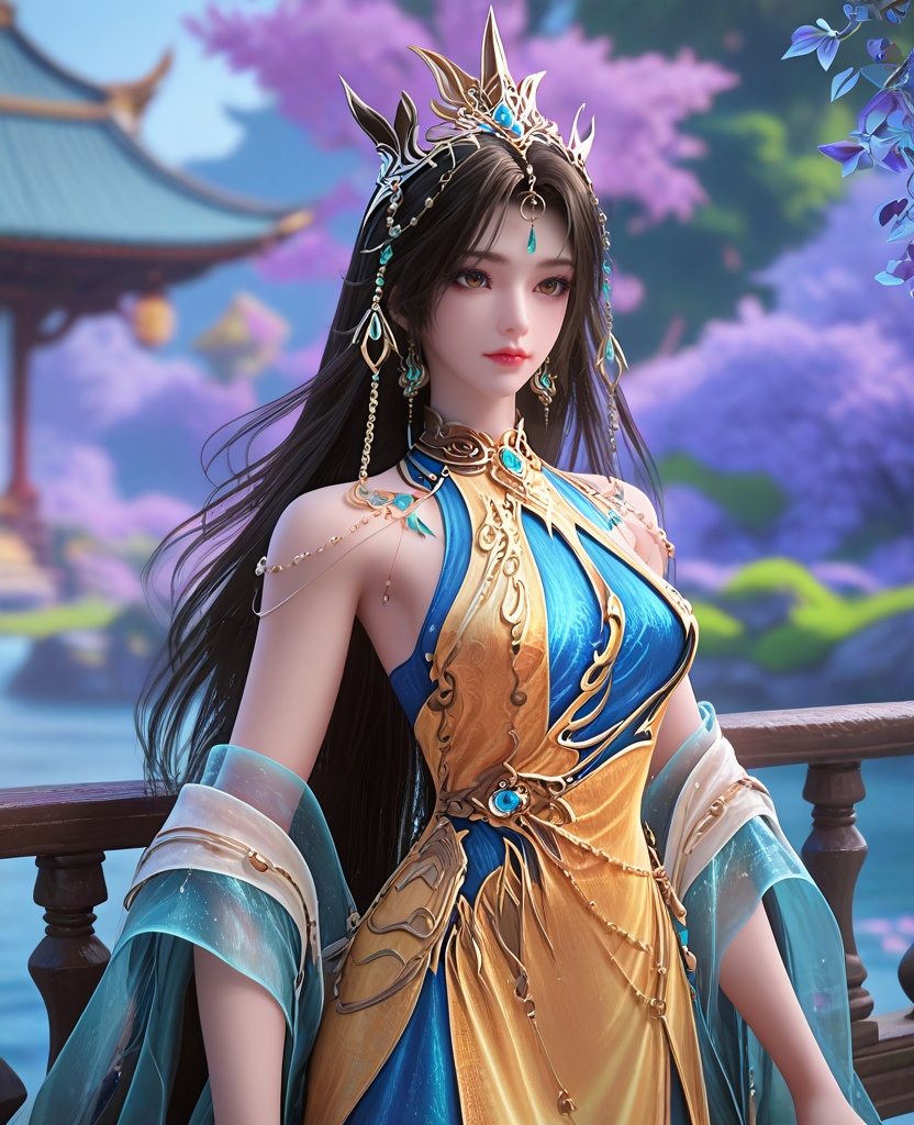 (oriental architecture, elegant decor, sophisticated style:1.1),Standing near a railing or fence, holding it with both hands, gazing ahead,,(breasts:1.2),<lora:XL16完美世界梦回仙古凰女:0.95>,miss huangnu,solo,yellow dress,blue chemise,brown eyes,black hair,very long hair,hair ornament,earrings,jewelry,silk shawl sleeves,forehead pendan,tiara,white socks,, zPDXL2, score_9, score_8_up, score_7_up BREAK realistic, masterpiece,best quality, highly detailed,, zPDXL3, zPDXL2,zPDXL, zPDXLxxx, zPDXLrl,