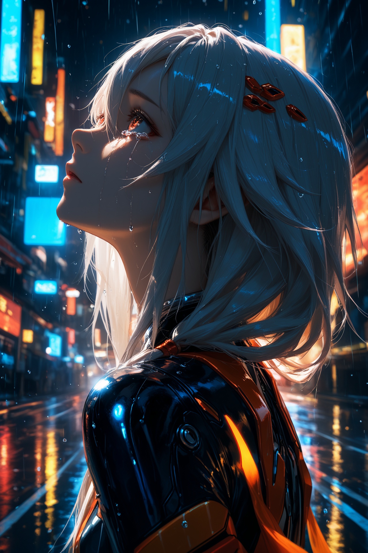 masterpiece,best quality,amazing quality,very aesthetic,absurdres,newest,highres,1girl,solo,yuzuriha inori,guilty crown,cyberpunk,street,night,darkness,metallic texture,from side,ray tracing,rain drops on the girl,criin,looking to the sky,looking upward,look up,lots of tears,tears fall i don't know whether it is rain or tears,backlight,