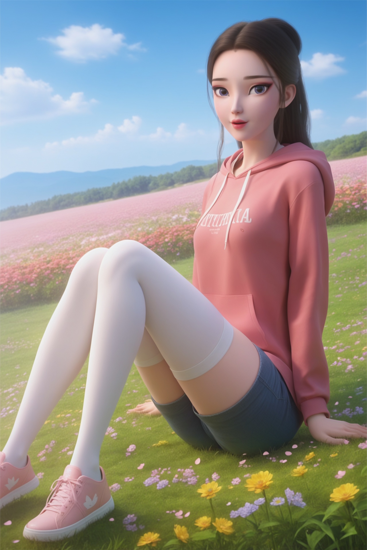 baishe,<lora:baisheXL:0.7>,1girl,solo,score_9,score_8_up,score_7_up,32K UHD,8k,4k,best quality,extremely detailed cg 8k wallpaper,ultra-detailed,masterpiece,sharp focus,unconventional supreme masterpiece,masterful details,temperate atmosphere,with a high-end texture,luxurious sharp focus,intense,dynamic cinematic color,located artistic,Fashion and art,elegant and sophisticated,innovative use of light and shadow,decorative,allegorical,symbolic,with a high-end texture,day,sky,outdoors,flower,flower field,petals,sitting,pale skin,looking at viewer,small breasts,sweatshirt,slender,thighhighs,shorts,shoes,