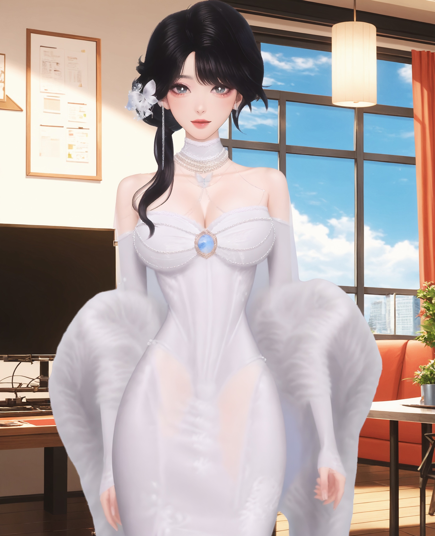score_9,score_8_up,score_7_up,score_6_up,score_anime,masterpiece,best quality,ultra-detailed,highres,anime screencap,anime coloring,anime,animated,shiny skin,looking at viewer,from front,indoors,<lora:C_t_w_25_JUNE_Pony:0.7>,1girl,solo,t_w,black hair,hair ornament,long hair,earrings,bangs,bare shoulders,detached sleeves,white dress,standing,