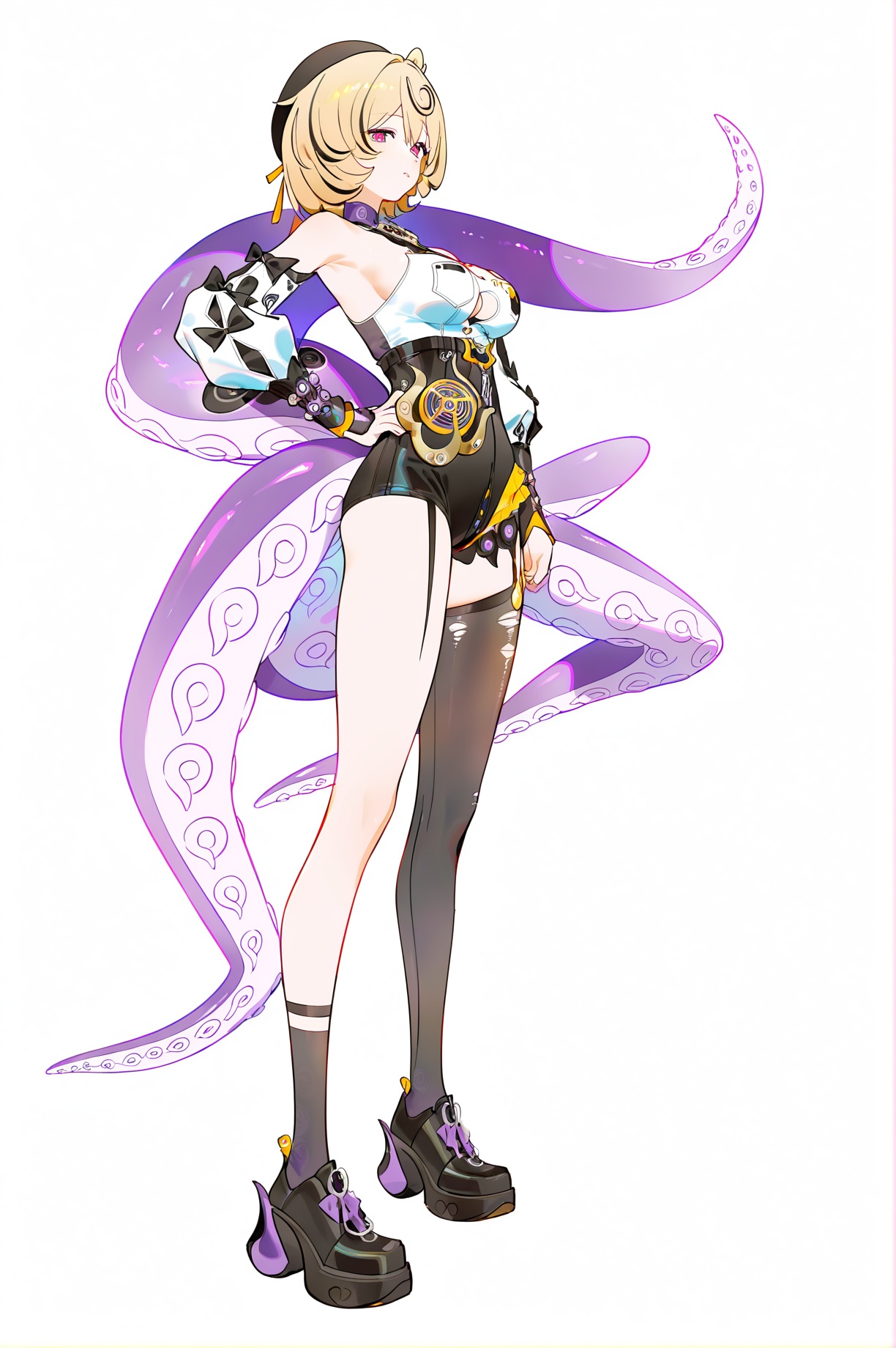 best quality,masterpiece,(ultra-detailed),(high detailed skin),(bm tol:1.3),(ask \(askzy\):1.1),applepie \(12711019\),mr. j.w,full body,full shot,standing,looking at viewer simple background,(white background:1.2),hand on own hip,(white background:1.1),<lora:Yidhari-will-Tanger:0.9>,Yidhari Murphy \(Zenless Zone Zero\),clothes: Yidharidef corset,Yidharidef Tentacle-like tail,Yidharidef single black garter,Yidharidef detached sleeves,Yidharidef Beret,1girl,breasts,blonde hair,black headwear,torn single thighhigh,short hair,black footwear,high heels,ahoge,tentacles,garter straps,bangs,