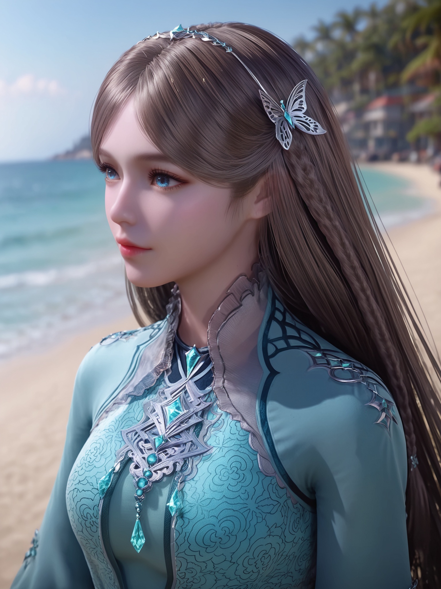realistic style photo outstanding style,tall,cute,in her teens. Use soft lighting to cast gentle shadows on the subject,adding a touch of dimension to your images without compromising details,score_9,score_8_up,score_7_up,Seaside,beach,waves,<lora:宁荣荣Pony:0.7>,1girl,light brown hai,butterfly-shaped hair accessory,butterfly-shaped hair accessory,small,sparkling gemstones,