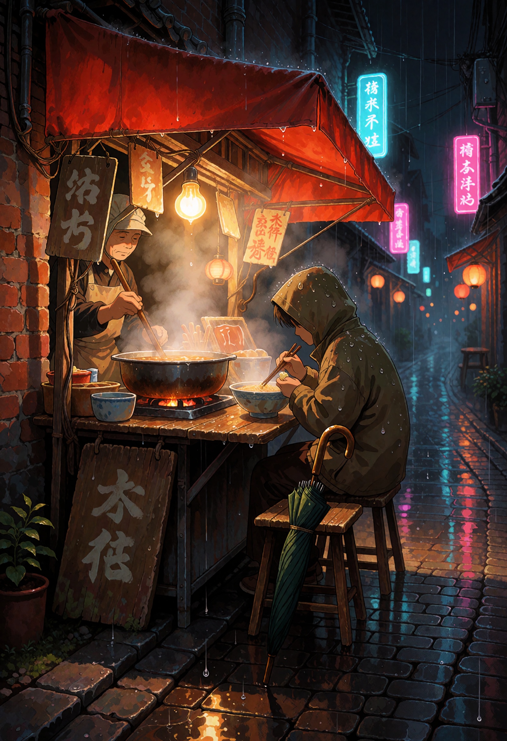 A small,  weathered street food stall sits tucked against a narrow brick alley wall at night,  its faded red canvas awning...