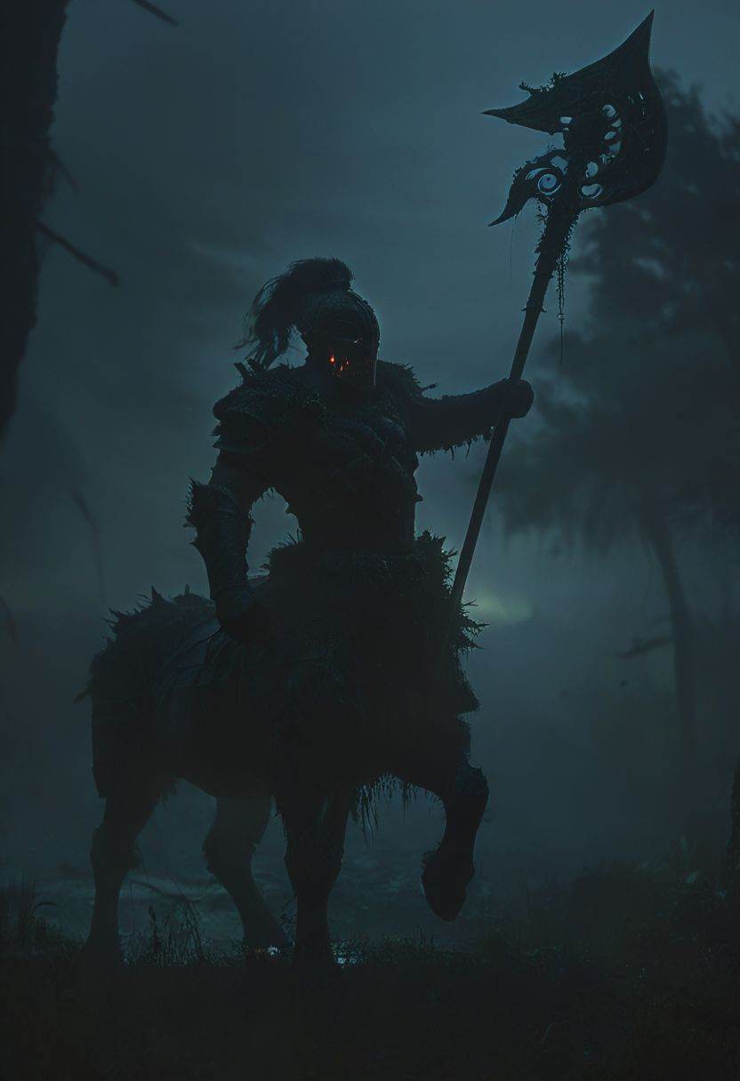 Side View of a Roman taur-Warrior pierced By a spear,  Overgrown,  mystic on Tensor.Art