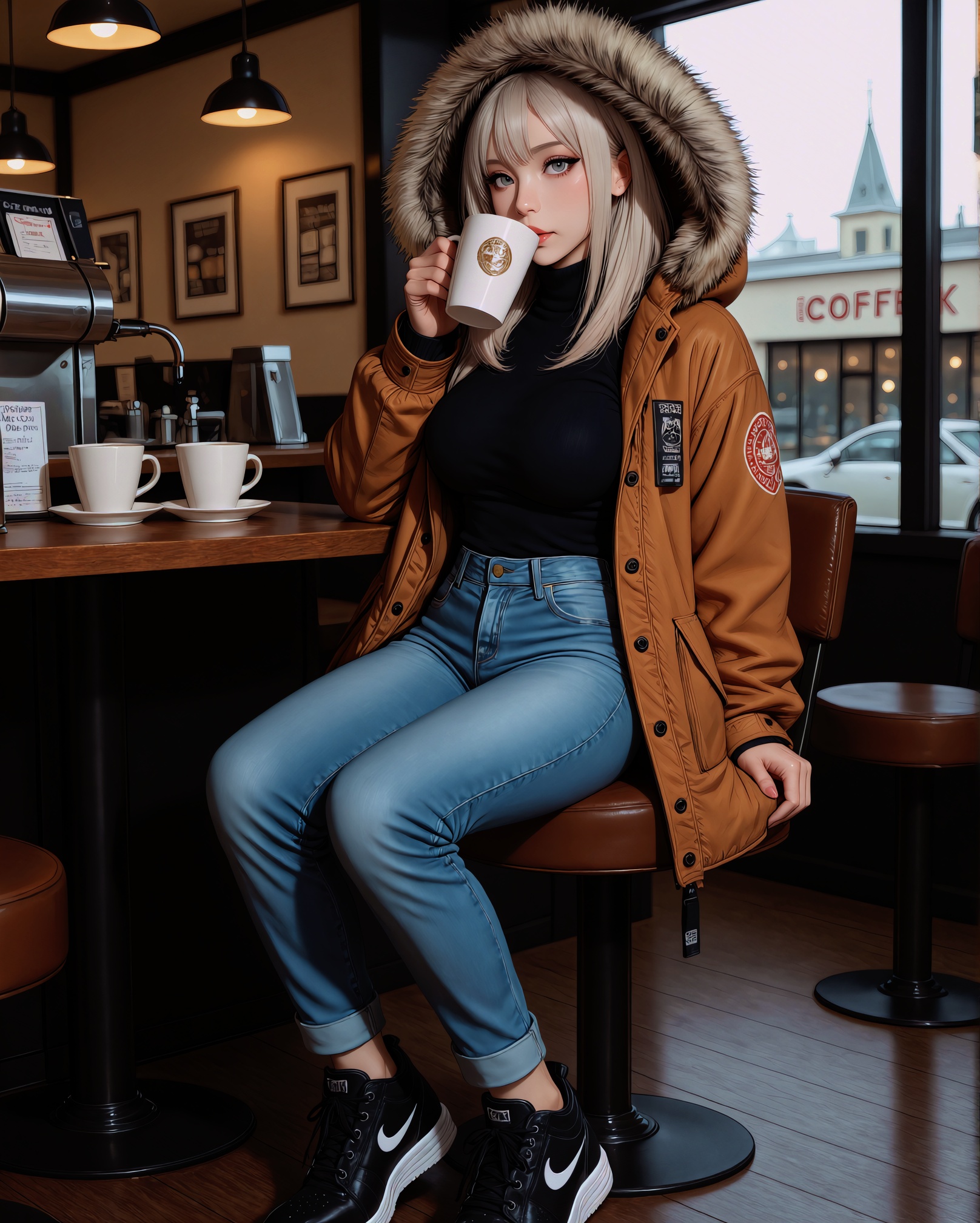 full body view of a 30 year old russian woman with platinum blonde hair and grey eyes wearing a atan parka with fur trim o...