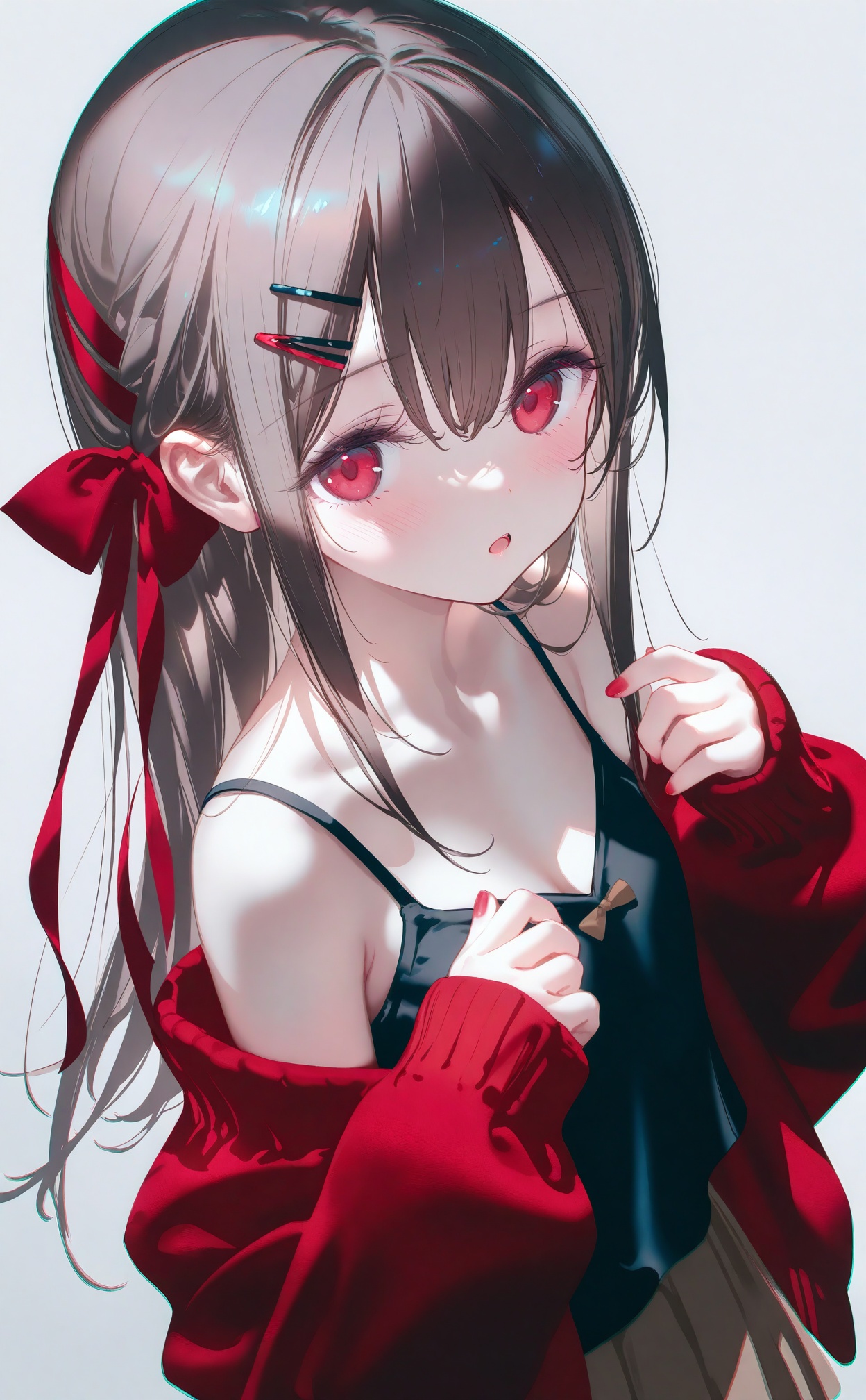 masterpiece,very aware,highres,absurdres,newest,best quality,loli,petite,high quality,chromatic_aberration,cinematic_angle,dutch angle,//,artist:konya_karasue,artist:Kinty,artist:tinker bell,artist:ciloranko,artist:ningen_mame,artist:sho_(sho_lwlw),artist:rhasta,artist:ke-ta,artist:hiten \(hitenkei\),//, 1girl, solo, simple background, sleeves past wrists, red nails, skirt, grey hair, hair ornament, blush, white background, looking at viewer, camisole, red sweater, pleated skirt, red cardigan, hairclip, hair ribbon, nail polish, bow, ribbon, long sleeves, off shoulder, red eyes, parted lips, long hair, breasts, red ribbon, hands up, bare shoulders, cleavage, collarbone, sweater, spaghetti strap, braid, hair between eyes, red jacket, brown skirt, jacket, grey background, small breasts, puffy long sleeves, open clothes, artist name, sleeveless, puffy sleeves, :o, brown bow, brown hair, twitter username, cardigan, open mouth, hair bow, red bow, ribbon braid<lora:amei4-000025:0.8>