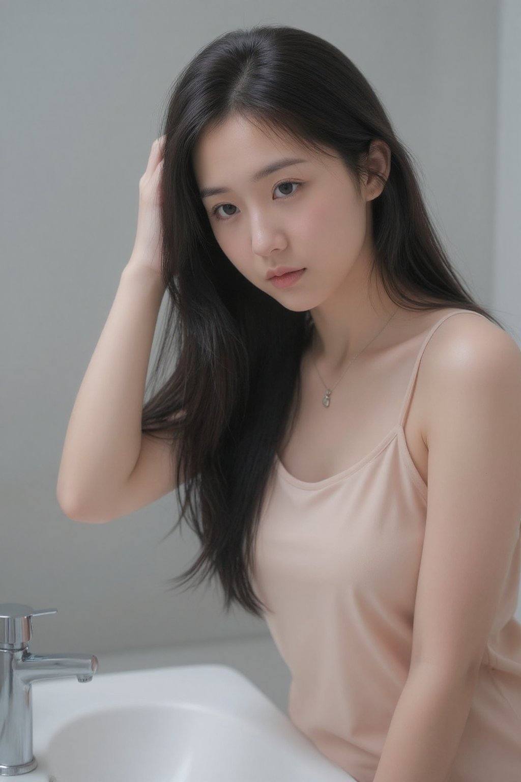 一位年轻的亚裔女性，年龄估计在20至25岁之间，站在浴室洗手池旁。她乌黑的长发如瀑布般倾泻而下，垂落在肩头和部分手臂上，她用右手轻轻抚摸着头发。她的肌肤白皙光滑，散发着柔和的光泽，脸上带着沉思和一丝脆弱的神情。她身穿一件宽松的浅桃色吊带背心。她拥有一双明亮深邃的大眼睛，精致的眉毛衬托着她明亮的双眸。她佩戴着一条小巧精致的项链，项链上挂着一个吊坠，手腕上戴着一条与之相配的手链。背景是一个干净的白色洗手池，配有镀铬水龙头。浴室墙壁是浅灰色的，营造出一种中性的背景。柔和的漫射光，带来宁静而内省的氛围。这幅照片采用中景拍摄，浅景深使女性的脸部和上半身成为焦点。整体氛围给人一种清晨静谧的日常或个人反思之感。柔和的自然光洒满整个画面。这幅图像给人一种温柔亲密、宁静祥和的感觉。图像风格写实，可能受到了时尚摄影或人像摄影的启发。