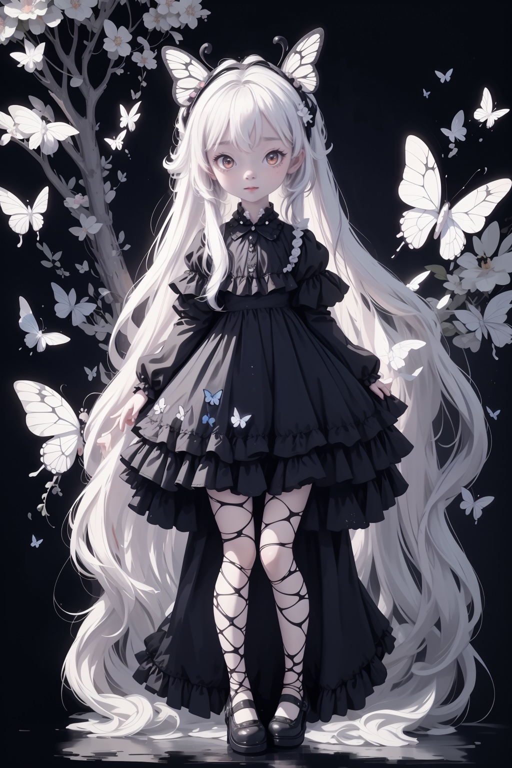 1girl,glowing eyes,(low exposure),frilly dress,extravagant dress,black and white accent,red ribbons,(bioluminescent butterfly),top view,under the tree shade,night scenery,((full body)),(arms behind back),(loli:1.5),(5yo:1.5),(very_long_hair,:1.3),<lora:lrw3:0.7>,