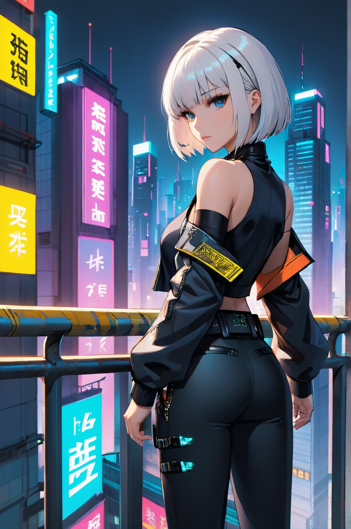 anime artwork lucy \(cyberpunk\), 1girl, white hair, against railing, arm rest, bangs, bare shoulders, belt, black belt, black leotard, black pants, blurry, bob cut, breasts, building, cityscape, clothing cutout, (cropped jacket), cyberpunk, dramatic, key visual, vibrant, highly detailed