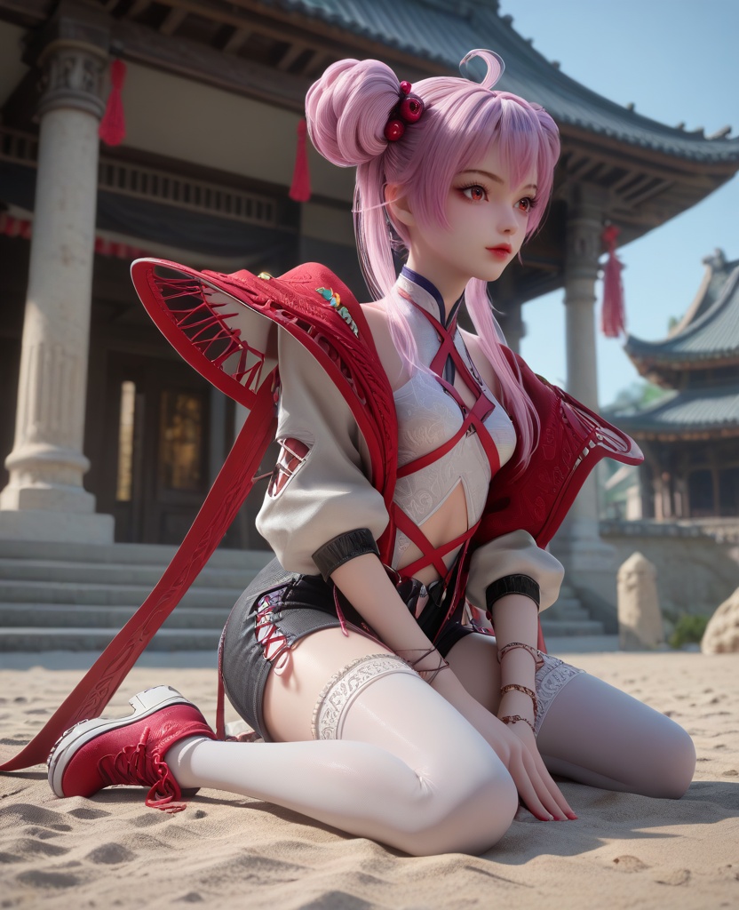 (oriental architecture, elegant decor, sophisticated style:1.1),(Kneeling on a sandy beach, building a sandcastle, capturing a moment of childlike wonder,:1.1),(breasts:1.2),<lora:XL16克金玩家炙珠:0.95>,teenage girl,open red jacket,white corset,red eyes,red lips,pink hair,ahoge,double bun with front strands,hair ornament,black short shorts,mismatched thighhighs,bracelet,sneakers,, score_9,score_8_up,score_7_up,score_6_up,score_5_up,score_4_up,3d rendering,tag1,tag2, Cinematic Lighting,backlighting,, zPDXL3, zPDXL2,zPDXL, zPDXLxxx, zPDXLrl,