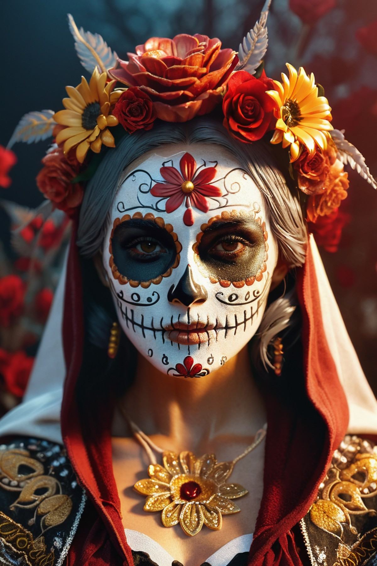 woman dressed sugar skull costume flowers,  amazing octane render,  thick dust red tones on Tensor.Art
