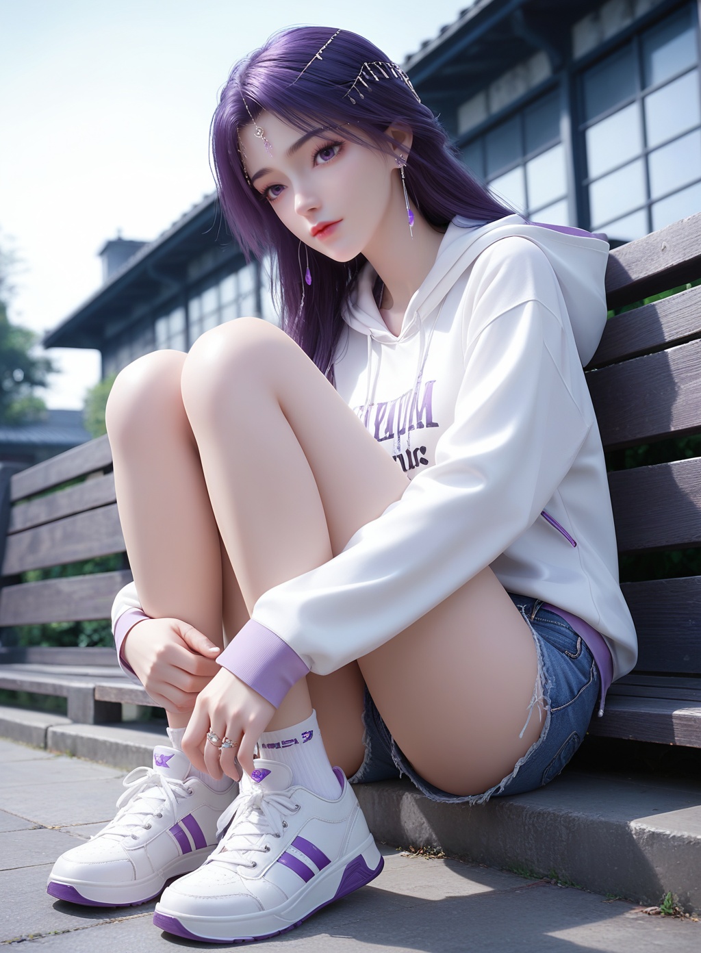score_9,score_8_up,score_7_up,1girl,solo,hood,purple hair,sitting,long hair,hoodie,shoes,white hoodie,outdoors,white footwear,socks,shorts,looking at viewer,hood down,purple eyes,sneakers,white socks,hand between legs,short shorts,day,dutch angle,long sleeves,blurry,earrings,lips,full body,between legs,building,blurry background,clothes writing,artist name,jewelry,drawstring,denim,denim shorts,<lora:wy_yunxi_tms_XL6.0:0.8>,