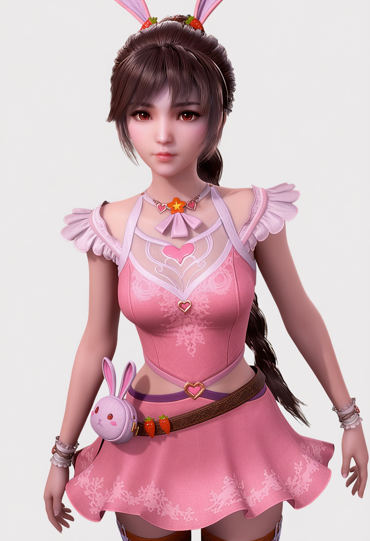 score_9,high detail,best quality,shiny skin,shiny,xiaowuqn,1girl,solo,brown eyes,brown hair,ponytail,rabbit ears,long hair,pink dress,dress,white background,realistic,simple background,hair ornament,closed mouth,jewelry,heart,breasts,pink skirt,belt,thighhighs,looking at viewer,thighs,<lora:QQSponyxiaowuqnV1:0.8>,<lora:Pony_DetailV2.0:0.8>,<lora:皮肤凹痕:0.1>,