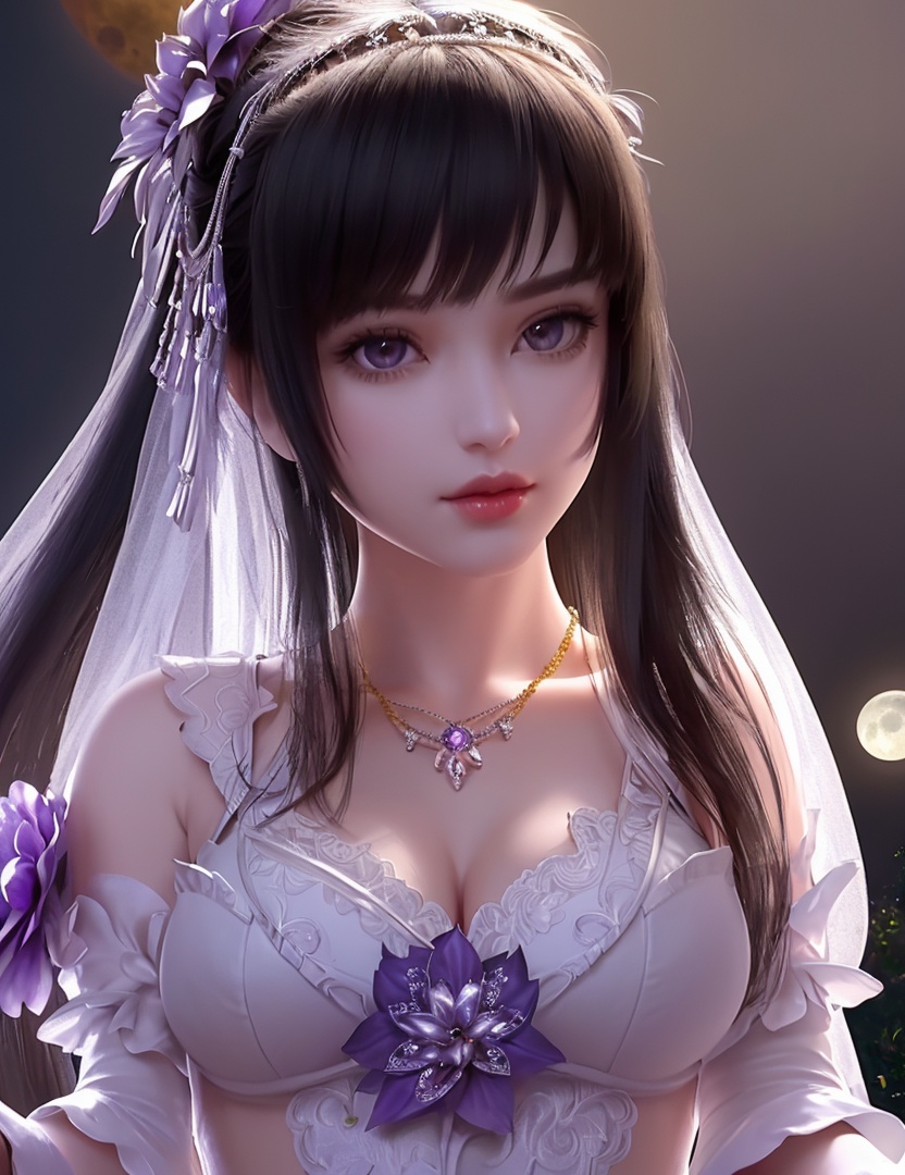 ultra realistic 8k cg, picture-perfect face, flawless, clean, masterpiece, professional artwork, famous artwork, cinematic lighting, cinematic bloom, perfect face, beautiful face, fantasy, dreamlike, unreal, science fiction,   lace, lace trim, lace-trimmed legwear,  (rich:1.4), prestige, luxury, jewelry, diamond, gold, pearl, gem, sapphire, ruby, emerald, intricate detail, delicate pattern, charming, alluring, seductive, erotic, enchanting, hair ornament, necklace, earrings, bracelet, armlet,halo((,1girl, pov,))(((1girl, jewelry, solo,, breasts, , looking_at_viewer,  outdoors,  full moon,  upper body,  purple flower, )))    <lora:DA_YueChanTeen:0.7>