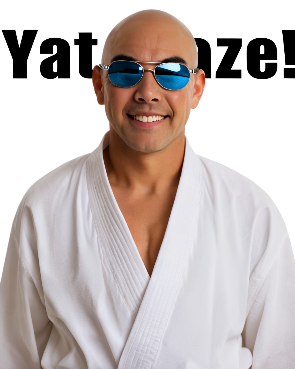 A bald middle-aged man standing in front of a plain white background with large bold black text “Yat taze!”.The background...