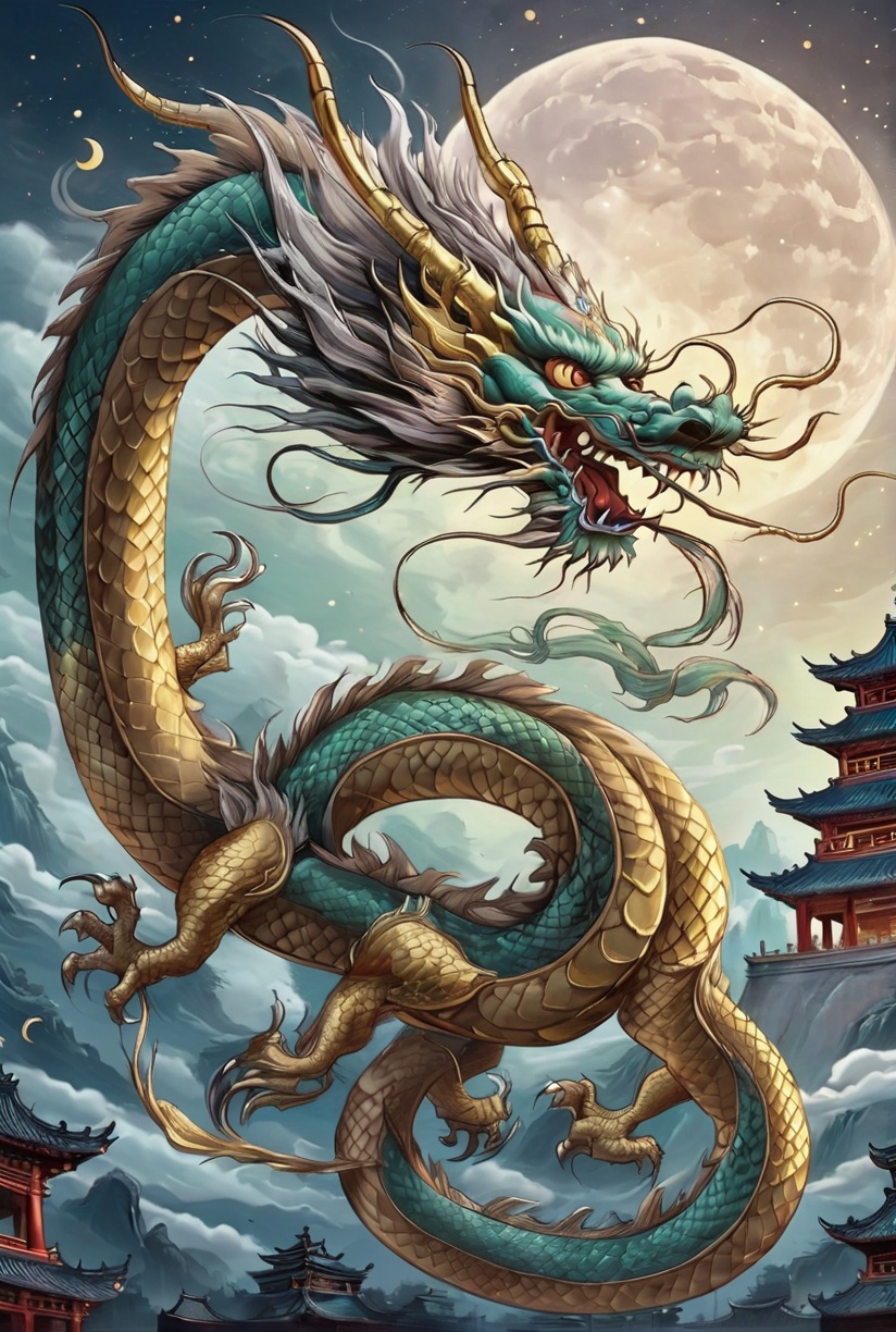dragon, long, eastern dragon, no humans, , east asian architecture, sky a dragon with a long tail and a long tail, with a large head and a long tail, is in the air,with a moon in the background, <lora:XL_Zlong:0.8>