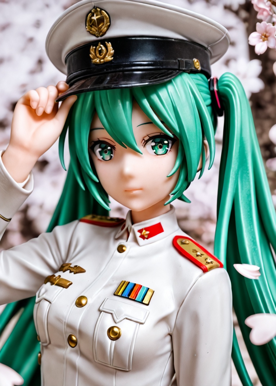 1girl, hatsune miku, solo, hat, twintails, cherry blossoms, green hair, long hair, petals, peaked cap, looking at viewer, uniform, upper body, military uniform, military, falling petals, flower, closed mouth, military hat, hand on headwear, jacket