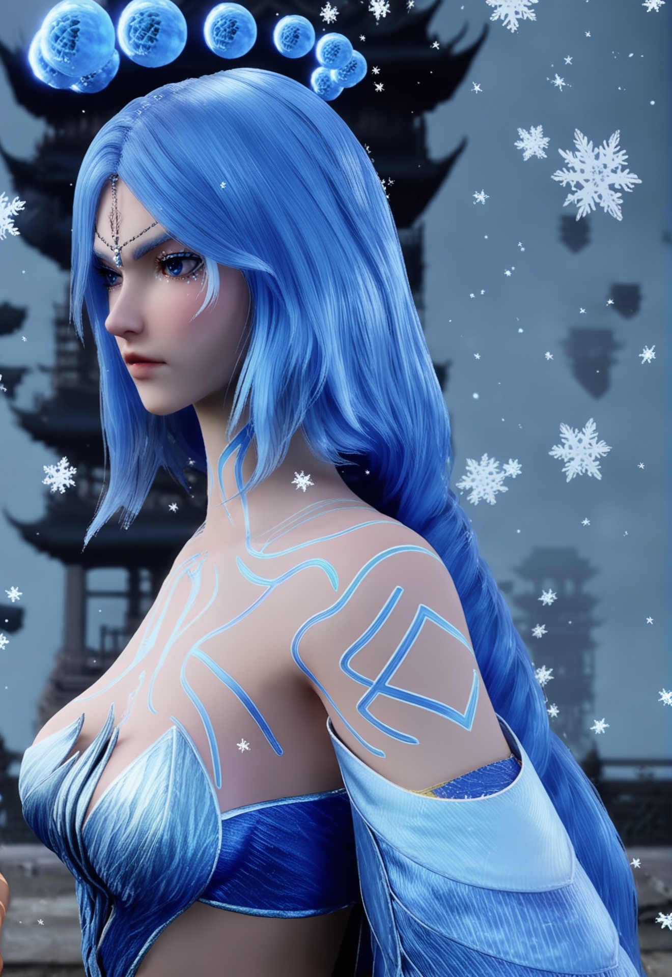 <lora:李少英根基姿态:1>,1girl,solo,long hair,breasts,blue eyes,hair ornament,bare shoulders,blue hair,upper body,book,tattoo,snowflakes,
