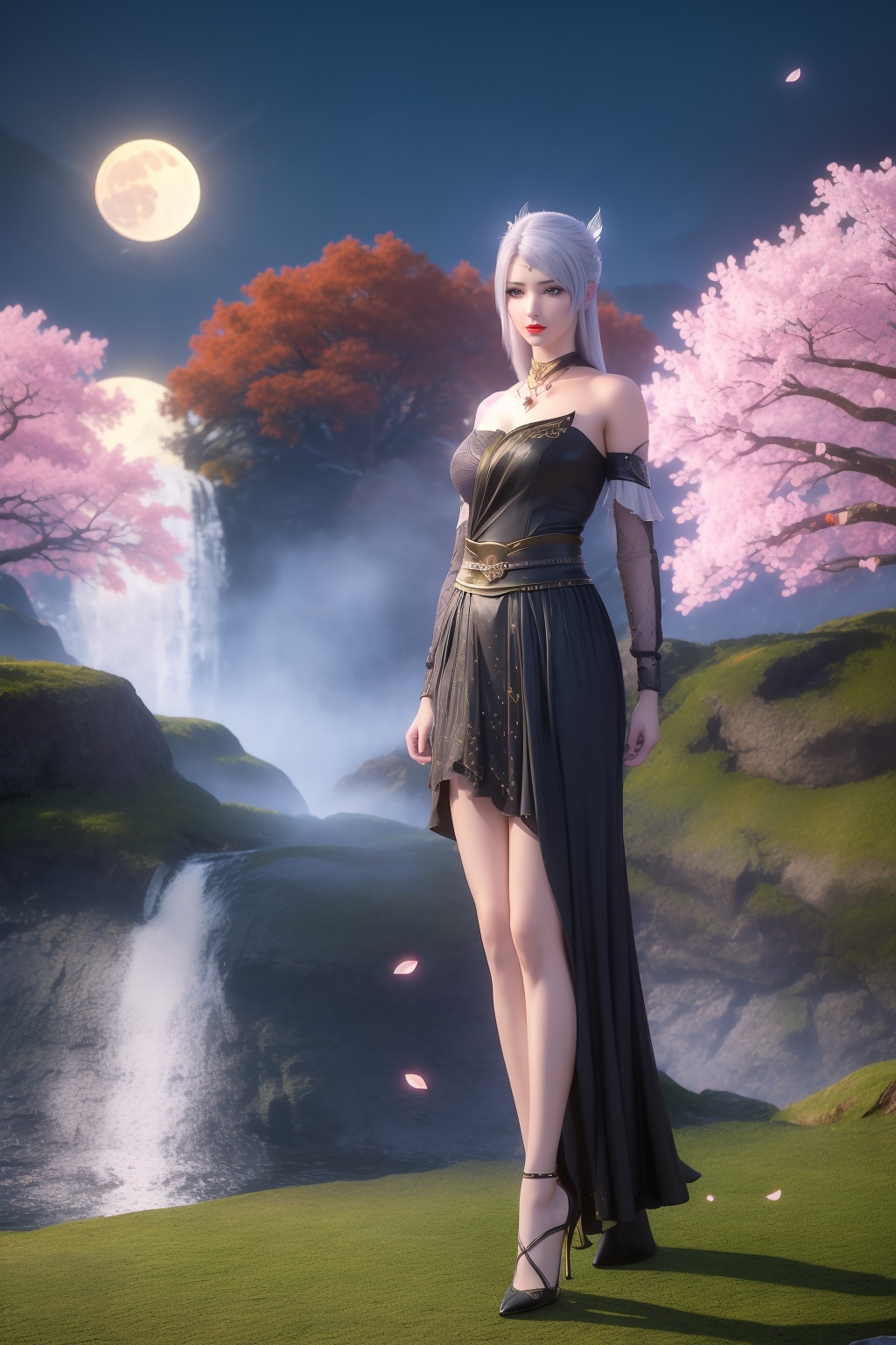 photo_\(medium\),(8k, RAW photo, best_quality),(masterpiece:1.2),(realistic:1.2),(photorealistic:1.3),(ultra-detailed),(extremely_detailed_cg_8k_wallpaper),(crystal_texture_skin:1.3),(shiny:1.2),(shiny_skin:1.4),(extremely_delicate_and_beautiful),(scenery, waterfall, (cherry_blossoms), (milfeulle_sakuraba), (petals, falling_petals), full_moon, moon, night, moonlight, night_sky, sky, petals, water, stone),shenfengLuoLi,1girl,solo,dress,torogao,breasts,large breasts,circlet,white hair,pendant,detached collar,standing,jewelry,hair ornament,earring,necklace,red lips,realistic,looking at viewer,high heels,<lora:shenfengLuoLi_20240413131506-000004:0.7>,